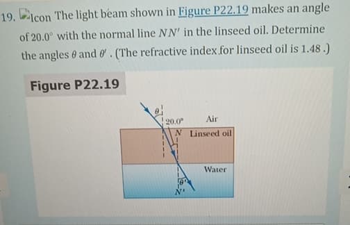 19. Icon The light beam shown in Figure P22.19 makes an angle
of 20.0° with the normal line NN' in the linseed oil. Determine
the angles and 6'. (The refractive index for linseed oil is 1.48.)
Figure P22.19
20.0°
Air
N Linseed oil
Water