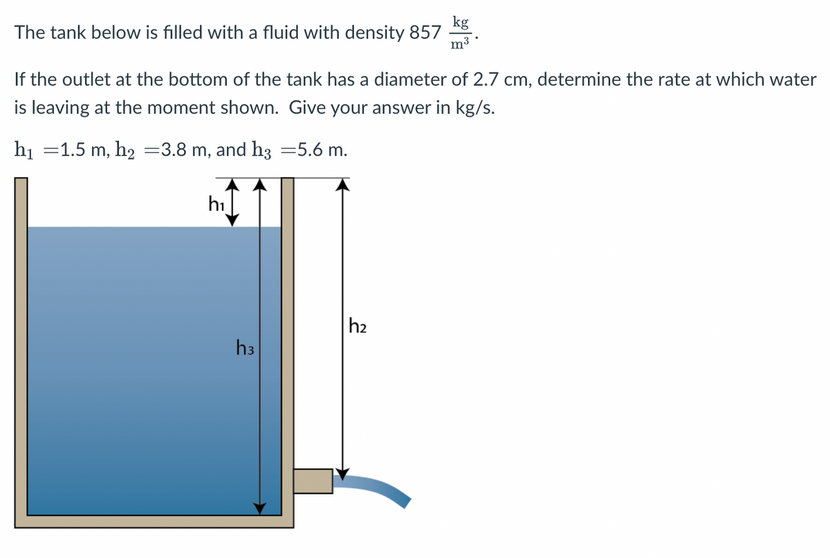 kg
The tank below is filled with a fluid with density 857
If the outlet at the bottom of the tank has a diameter of 2.7 cm, determine the rate at which water
is leaving at the moment shown. Give your answer in kg/s.
h₁ =1.5 m, h₂ =3.8 m, and h3 =5.6 m.
h₁
h3
m
h₂