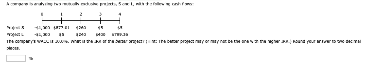 A company is analyzing two mutually exclusive projects, S and L, with the following cash flows:
0
1
2
3
4
+
+
+
Project S
Project L
-$1,000 $877.01 $260
-$1,000 $5
$240
$5
$400
$5
$799.36
The company's WACC is 10.0%. What is the IRR of the better project? (Hint: The better project may or may not be the one with the higher IRR.) Round your answer to two decimal
places.
%