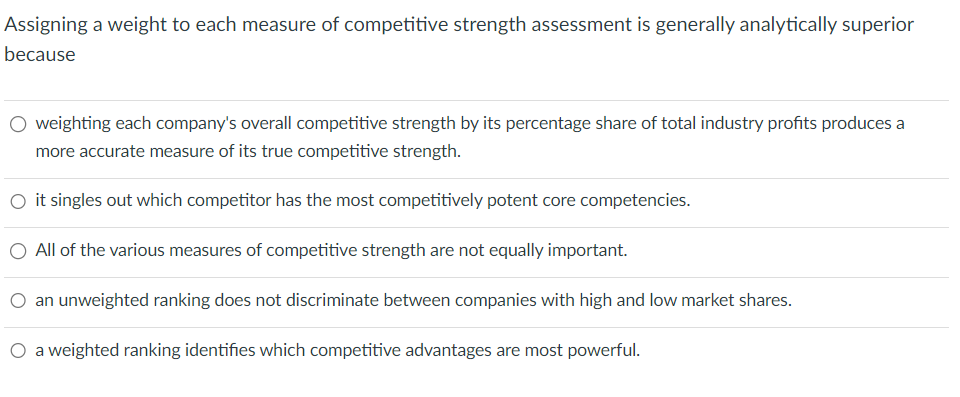 Assigning a weight to each measure of competitive strength assessment is generally analytically superior
because
weighting each company's overall competitive strength by its percentage share of total industry profits produces a
more accurate measure of its true competitive strength.
○ it singles out which competitor has the most competitively potent core competencies.
○ All of the various measures of competitive strength are not equally important.
an unweighted ranking does not discriminate between companies with high and low market shares.
O a weighted ranking identifies which competitive advantages are most powerful.