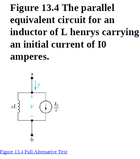 Figure 13.4 The parallel
equivalent circuit for an
inductor of L henrys carrying
an initial current of I0
amperes.
sL3
Figure 13.4 Full Alternative Text
