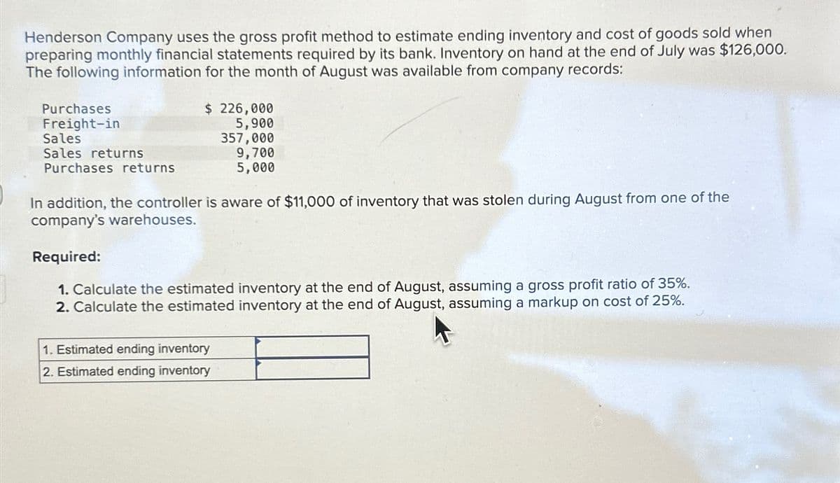 Henderson Company uses the gross profit method to estimate ending inventory and cost of goods sold when
preparing monthly financial statements required by its bank. Inventory on hand at the end of July was $126,000.
The following information for the month of August was available from company records:
Purchases
Freight-in
Sales
Sales returns
Purchases returns
$ 226,000
5,900
357,000
9,700
5,000
In addition, the controller is aware of $11,000 of inventory that was stolen during August from one of the
company's warehouses.
Required:
1. Calculate the estimated inventory at the end of August, assuming a gross profit ratio of 35%.
2. Calculate the estimated inventory at the end of August, assuming a markup on cost of 25%.
1. Estimated ending inventory
2. Estimated ending inventory