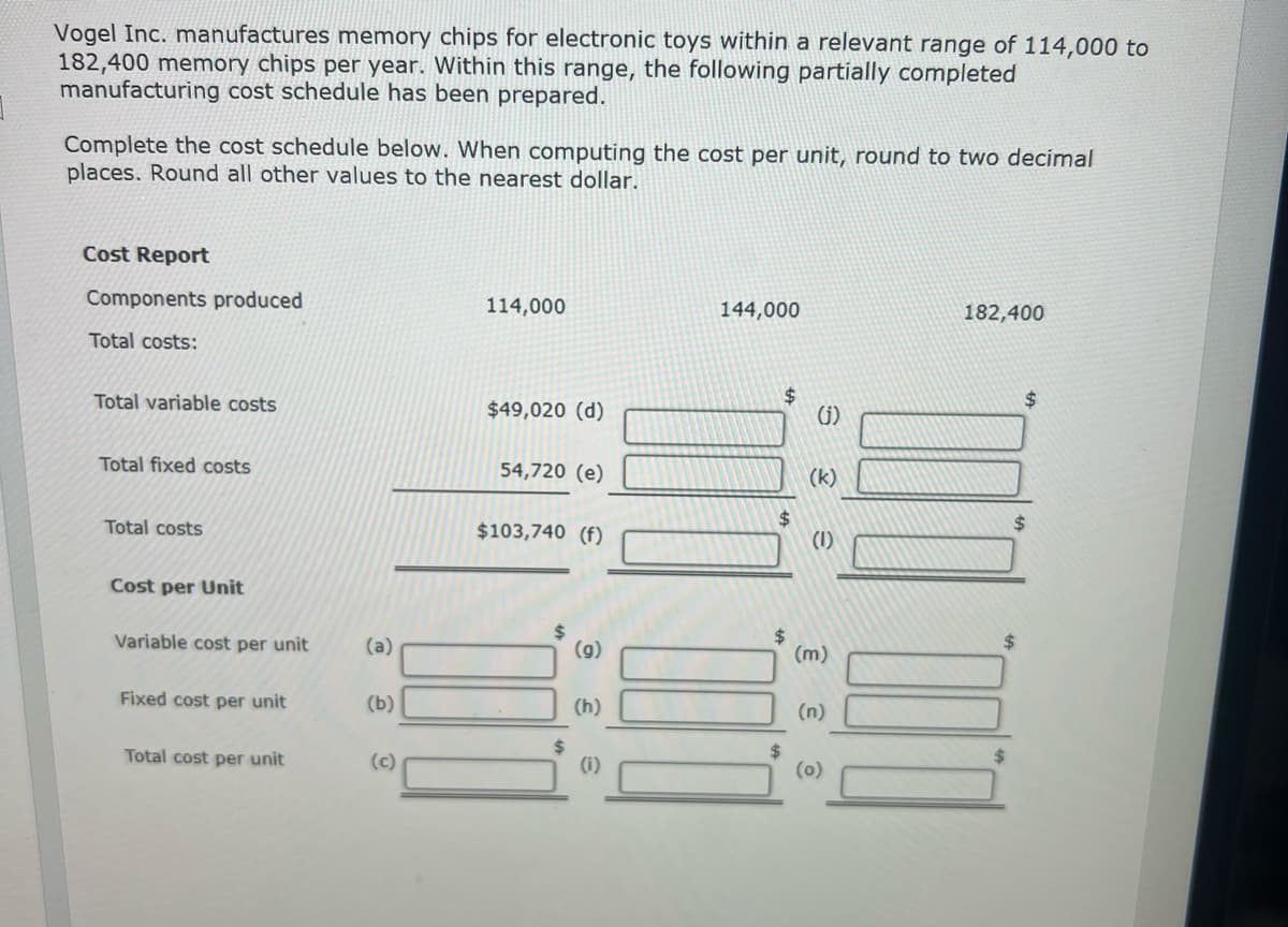 Vogel Inc. manufactures memory chips for electronic toys within a relevant range of 114,000 to
182,400 memory chips per year. Within this range, the following partially completed
manufacturing cost schedule has been prepared.
Complete the cost schedule below. When computing the cost per unit, round to two decimal
places. Round all other values to the nearest dollar.
Cost Report
Components produced
114,000
144,000
182,400
Total costs:
$
Total variable costs
$49,020 (d)
(j)
Total fixed costs
54,720 (e)
(k)
$
$103,740 (f)
(1)
Total costs
Cost per Unit
$
Variable cost per unit
(a)
(g)
(m)
Fixed cost per unit
(b)
(h)
(n)
$
Total cost per unit
(c)
(i)
(0)