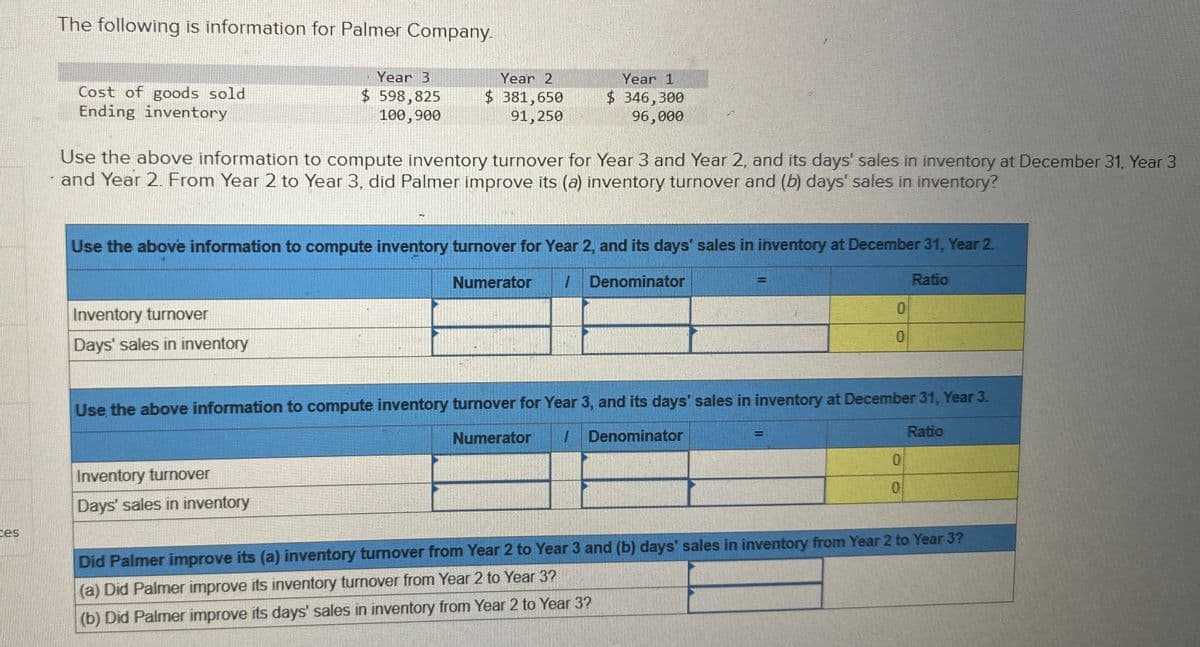 The following is information for Palmer Company.
Cost of goods sold
Ending inventory
Year 3
$ 598,825
100,900
Year 2
$ 381,650
91,250
Year 1
$ 346,300
96,000
Use the above information to compute inventory turnover for Year 3 and Year 2, and its days' sales in inventory at December 31, Year 3
and Year 2. From Year 2 to Year 3, did Palmer improve its (a) inventory turnover and (b) days' sales in inventory?
Use the above information to compute inventory turnover for Year 2, and its days' sales in inventory at December 31, Year 2.
Inventory turnover
Days' sales in inventory
Numerator
Denominator
=1
Ratio
0
0
Use the above information to compute inventory turnover for Year 3, and its days' sales in inventory at December 31, Year 3.
Inventory turnover
Days' sales in inventory
ces
Numerator
Denominator
=
Ratio
0
0
Did Palmer improve its (a) inventory turnover from Year 2 to Year 3 and (b) days' sales in inventory from Year 2 to Year 3?
(a) Did Palmer improve its inventory turnover from Year 2 to Year 3?
(b) Did Palmer improve its days' sales in inventory from Year 2 to Year 3?