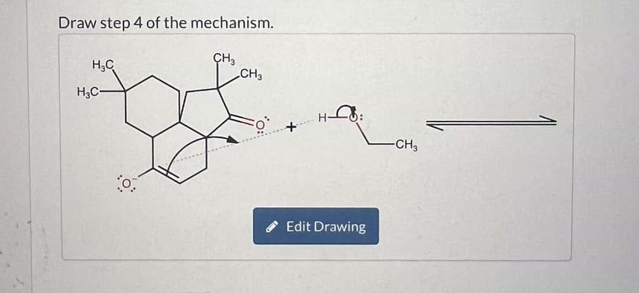 Draw step 4 of the mechanism.
H₁₂C
H3C-
CH3
CH3
H-
+
-CH3
Edit Drawing