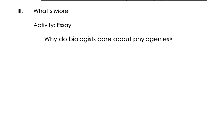 III.
What's More
Activity: Essay
Why do biologists care about phylogenies?
