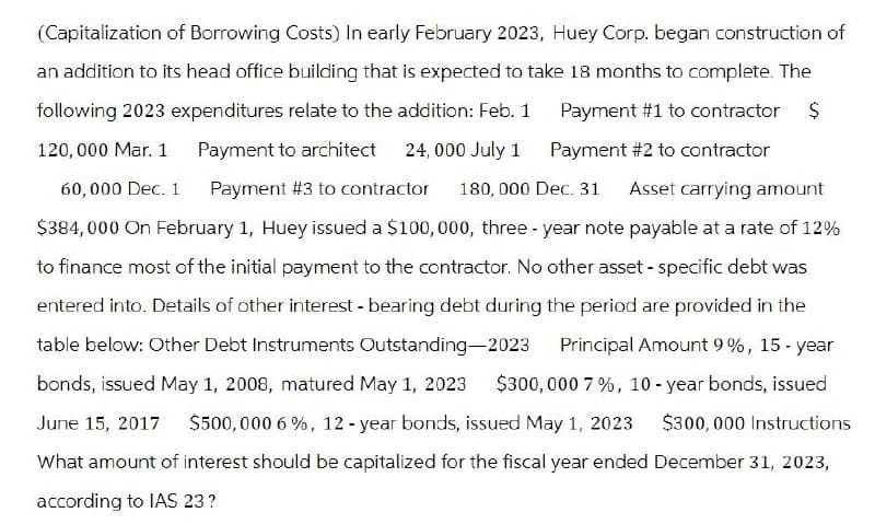 (Capitalization of Borrowing Costs) In early February 2023, Huey Corp. began construction of
an addition to its head office building that is expected to take 18 months to complete. The
following 2023 expenditures relate to the addition: Feb. 1
120,000 Mar. 1
Payment to architect
24,000 July 1
Payment #1 to contractor $
Payment #2 to contractor
60,000 Dec. 1
Payment #3 to contractor
180, 000 Dec. 31 Asset carrying amount
$384,000 On February 1, Huey issued a $100,000, three-year note payable at a rate of 12%
to finance most of the initial payment to the contractor. No other asset-specific debt was
entered into. Details of other interest-bearing debt during the period are provided in the
table below: Other Debt Instruments Outstanding-2023
bonds, issued May 1, 2008, matured May 1, 2023
Principal Amount 9%, 15-year
$300,000 7%, 10-year bonds, issued
June 15, 2017 $500,000 6%, 12-year bonds, issued May 1, 2023
$300,000 Instructions
What amount of interest should be capitalized for the fiscal year ended December 31, 2023,
according to IAS 23?