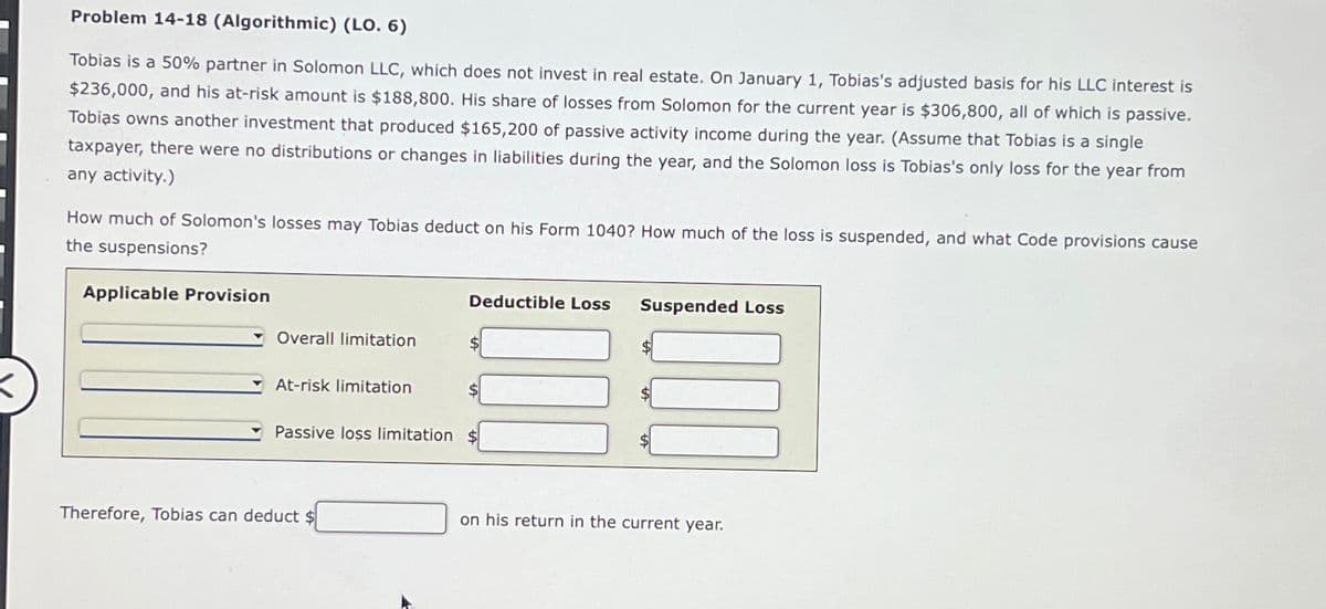 <
Problem 14-18 (Algorithmic) (LO. 6)
Tobias is a 50% partner in Solomon LLC, which does not invest in real estate. On January 1, Tobias's adjusted basis for his LLC interest is
$236,000, and his at-risk amount is $188,800. His share of losses from Solomon for the current year is $306,800, all of which is passive.
Tobias owns another investment that produced $165,200 of passive activity income during the year. (Assume that Tobias is a single
taxpayer, there were no distributions or changes in liabilities during the year, and the Solomon loss is Tobias's only loss for the year from
any activity.)
How much of Solomon's losses may Tobias deduct on his Form 1040? How much of the loss is suspended, and what Code provisions cause
the suspensions?
Applicable Provision
Deductible Loss
Suspended Loss
Overall limitation
At-risk limitation
Passive loss limitation $
Therefore, Tobias can deduct $
on his return in the current year.