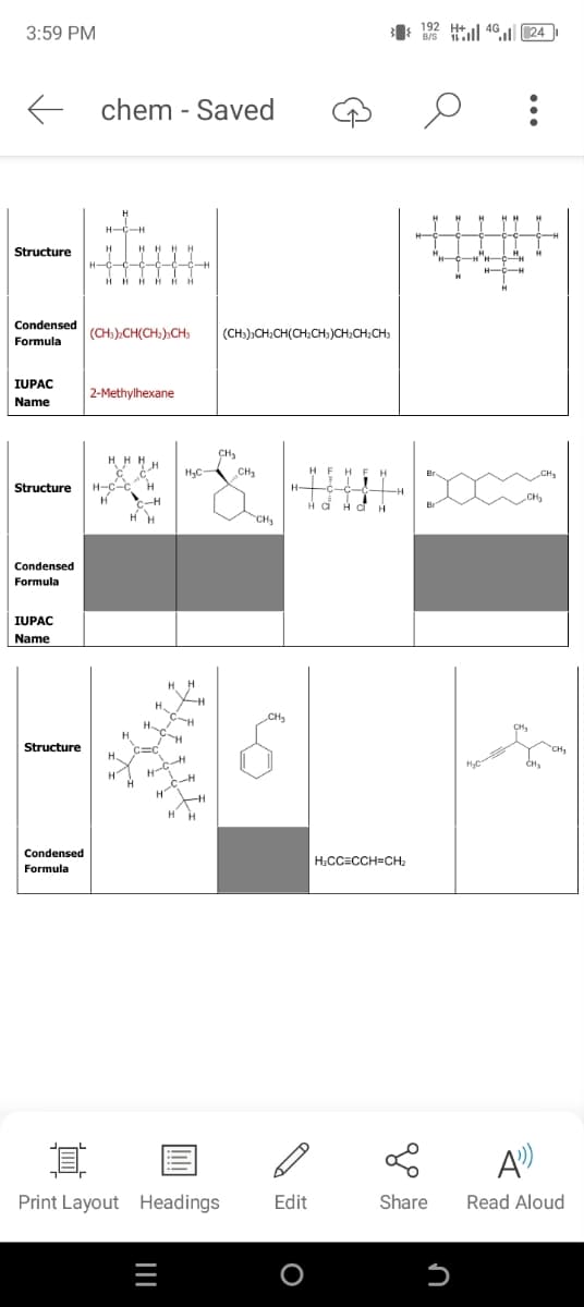 3:59 PM
←
chem - Saved
Structure
HHHHHH
Condensed
Formula
(CH3)2CH(CH2)2CH3
(CH3)3CH2CH(CH2CH3)CH2CH2CH3
IUPAC
2-Methylhexane
Name
CH₂
HHH
H₂C
CH₂
Structure
H-C-C H
H
H
H
Condensed
Formula
IUPAC
Name
Structure
Condensed
Formula
I
H.
H-
HOH
H
H
H-CH
4-0-4
H
CH₂
CH₂
Print Layout Headings Edit
|||
O
H3CC=CCH=CH2
192 H+.
4G
4024
B/S
A
CH₂
CHS
Share
Read Aloud
Մ
S