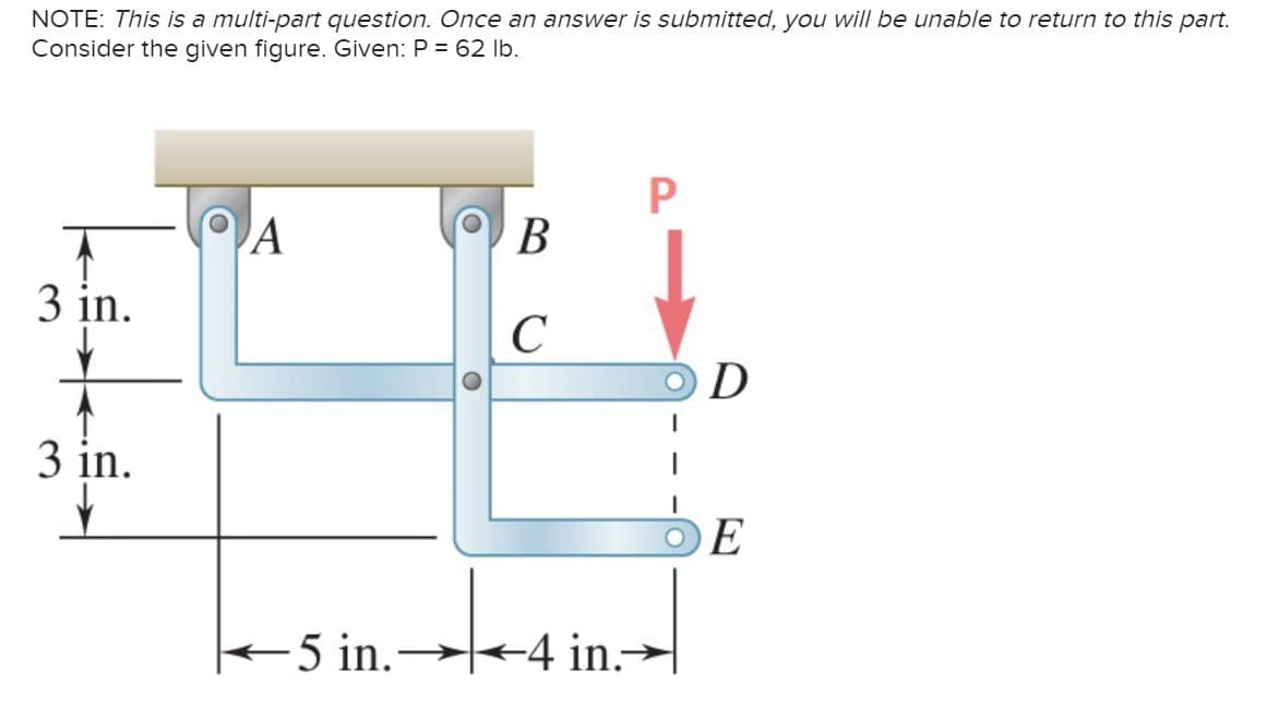 NOTE: This is a multi-part question. Once an answer is submitted, you will be unable to return to this part.
Consider the given figure. Given: P = 62 lb.
3 in.
3 in.
P
A
В
C
OD
5 in. 4 in.
DE