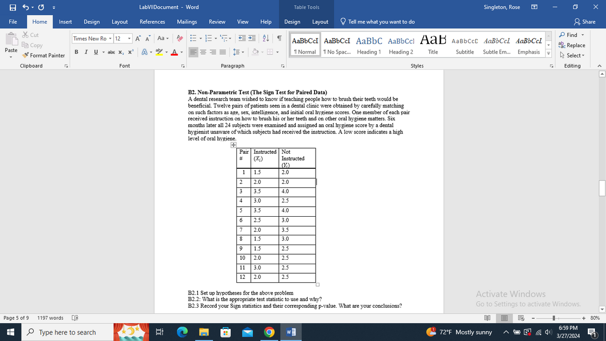 LabVIIDocument - Word
Table Tools
Singleton, Rose
File
Home
Insert
Design Layout
References
Mailings Review
View
Help
Design Layout
Tell me what you want to do
Share
✗Cut
Times New Ro▾12
Α' Α' Aa▾
AaBbCcl AaBbCc AaBbC AaBbCc AaB AaBbcct AaBbCcl AaBbCcl
Find ▾
ab
Copy
ac Replace
Paste
BIU abc x, x² A
1 Normal No Spac... Heading 1 Heading 2 Title
Subtitle
Subtle Em... Emphasis
Select▾
Format Painter
Clipboard
Font
Paragraph
☑
Styles
Editing
Page 5 of 9
1197 words 呕
Type here to search
B2. Non-Parametric Test (The Sign Test for Paired Data)
A dental research team wished to know if teaching people how to brush their teeth would be
beneficial. Twelve pairs of patients seen in a dental clinic were obtained by carefully matching
on such factors as age, sex, intelligence, and initial oral hygiene scores. One member of each pair
received instruction on how to brush his or her teeth and on other oral hygiene matters. Six
months later all 24 subjects were examined and assigned an oral hygiene score by a dental
hygienist unaware of which subjects had received the instruction. A low score indicates a high
level of oral hygiene.
近
Pair Instructed Not
#
(xi)
Instructed
(Y;)
1
1.5
2.0
2
2.0
2.0
3
3.5
4.0
4
3.0
2.5
5
3.5
4.0
6
2.5
3.0
7
2.0
3.5
8
1.5
3.0
9
1.5
2.5
10
2.0
2.5
11
3.0
2.5
12
2.0
2.5
B2.1 Set up hypotheses for the above problem
B2.2: What is the appropriate test statistic to use and why?
B2.3 Record your Sign statistics and their corresponding p-value. What are your conclusions?
Activate Windows
Go to Settings to activate Windows.
72°F Mostly sunny
+ 80%
6:59 PM
3/27/2024