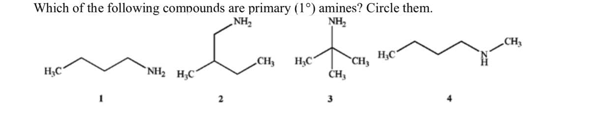 Which of the following compounds are primary (1°) amines? Circle them.
NH₂
NH₂
H₁C
NH2 H3C
2
H3C
CH3 H3C
CH3
CH3
3
CH3