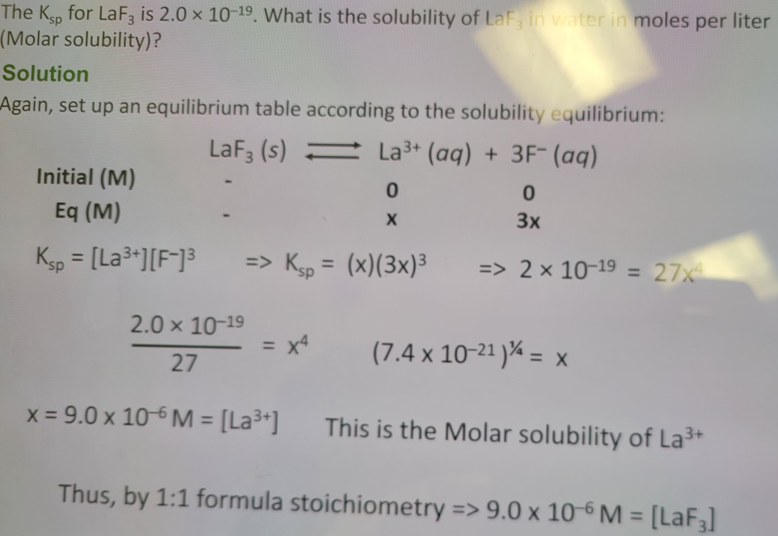 The Ksp for LaF3 is 2.0 x 10-19. What is the solubility of LaF in water in moles per liter
(Molar solubility)?
Solution
Again, set up an equilibrium table according to the solubility equilibrium:
La 3+ (aq) + 3F- (aq)
LaF3 (s)
Initial (M)
Eq (M)
0
0
X
3x
Ksp =[La3+] [F-13
=> Ksp = (x)(3x)³
=> 2 × 10-19 = 27x4
2.0 × 10-19
=
x4
(7.4 × 10-21) 1/4 = x
X
27
x = 9.0 × 10-6 M = [La³+] This is the Molar solubility of La 3+
Thus, by 1:1 formula stoichiometry => 9.0 x 106 M = [LaF3]