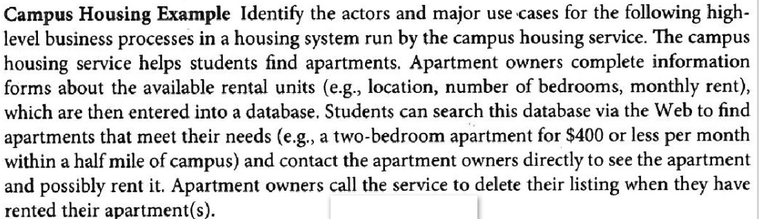 Campus Housing Example Identify the actors and major use cases for the following high-
level business processes in a housing system run by the campus housing service. The campus
housing service helps students find apartments. Apartment owners complete information
forms about the available rental units (e.g., location, number of bedrooms, monthly rent),
which are then entered into a database. Students can search this database via the Web to find
apartments that meet their needs (e.g., a two-bedroom apartment for $400 or less per month
within a half mile of campus) and contact the apartment owners directly to see the apartment
and possibly rent it. Apartment owners call the service to delete their listing when they have
rented their apartment(s).