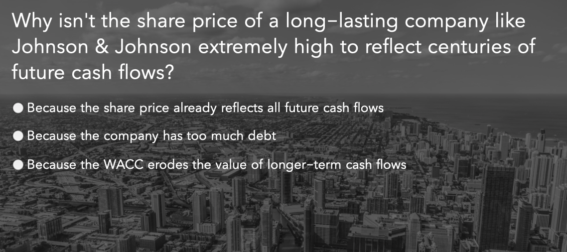 Why isn't the share price of a long-lasting company like
Johnson & Johnson extremely high to reflect centuries of
future cash flows?
Because the share price already reflects all future cash flows
Because the company has too much debt
Because the WACC erodes the value of longer-term cash flows