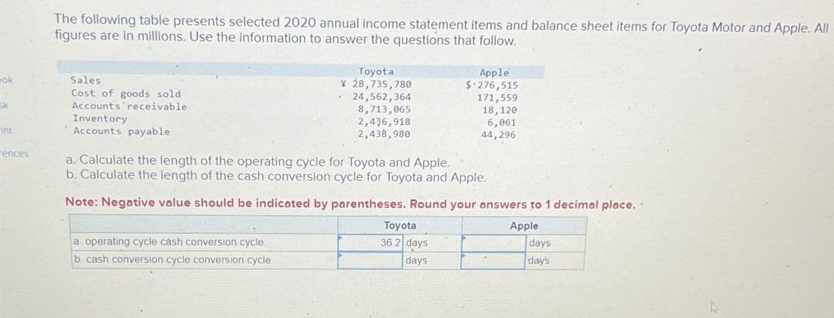The following table presents selected 2020 annual income statement items and balance sheet items for Toyota Motor and Apple. All
figures are in millions. Use the information to answer the questions that follow.
ok
Sales
Cost of goods sold
k
Accounts receivable
Inventory
Accounts payable
.
Toyota
Y 28,735,780
24,562,364
Apple
$ 276,515
171,559
8,713,065
18,120
2,436,918
6,061
int
ences
2,438,980
a. Calculate the length of the operating cycle for Toyota and Apple.
44,296
b. Calculate the length of the cash conversion cycle for Toyota and Apple.
Note: Negative value should be indicated by parentheses. Round your answers to 1 decimal place. -
a operating cycle cash conversion cycle
b. cash conversion cycle conversion cycle
Toyota
36 2 days
days
Apple
days
day's