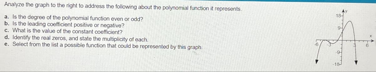 Analyze the graph to the right to address the following about the polynomial function it represents.
a. Is the degree of the polynomial function even or odd?
b. Is the leading coefficient positive or negative?
c. What is the value of the constant coefficient?
d. Identify the real zeros, and state the multiplicity of each.
e. Select from the list a possible function that could be represented by this graph.
-18-