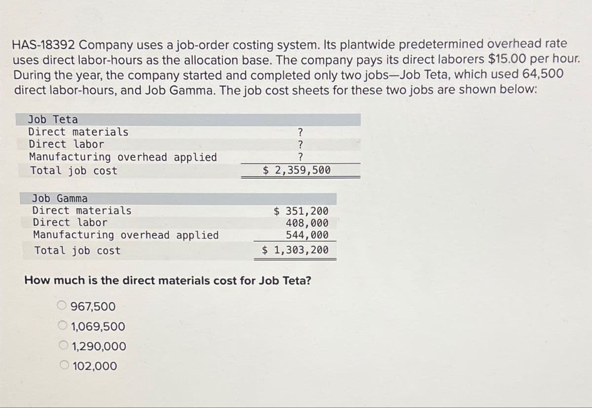 HAS-18392 Company uses a job-order costing system. Its plantwide predetermined overhead rate
uses direct labor-hours as the allocation base. The company pays its direct laborers $15.00 per hour.
During the year, the company started and completed only two jobs-Job Teta, which used 64,500
direct labor-hours, and Job Gamma. The job cost sheets for these two jobs are shown below:
Job Teta
Direct materials
Direct labor
Manufacturing overhead applied
Total job cost
?
?
?
$ 2,359,500
Job Gamma
Direct materials
Direct labor
Manufacturing overhead applied
Total job cost
$ 351,200
408,000
544,000
$ 1,303,200
How much is the direct materials cost for Job Teta?
967,500
1,069,500
1,290,000
102,000