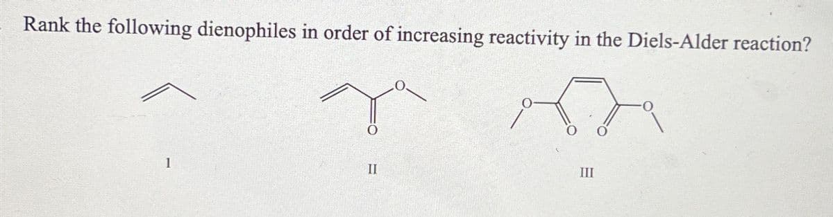 Rank the following dienophiles in order of increasing reactivity in the Diels-Alder reaction?
1
II
III