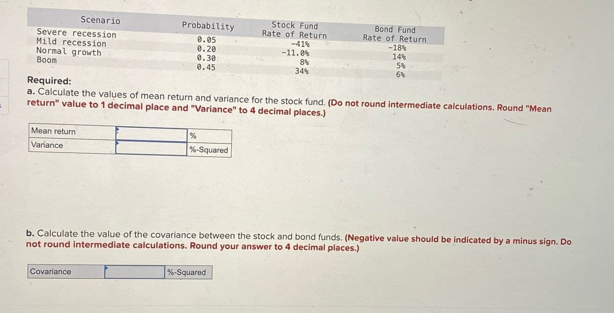 Scenario
Probability
Severe recession
Mild recession
0.05
Stock Fund
Rate of Return
-41%
Bond Fund
Rate of Return
-18%
0.20
Normal growth
Boom
Required:
0.30
0.45
-11.0%
8%
34%
14%
5%
6%
a. Calculate the values of mean return and variance for the stock fund. (Do not round intermediate calculations. Round "Mean
return" value to 1 decimal place and "Variance" to 4 decimal places.)
Mean return
Variance
%
%-Squared
b. Calculate the value of the covariance between the stock and bond funds. (Negative value should be indicated by a minus sign. Do
not round intermediate calculations. Round your answer to 4 decimal places.)
Covariance
%-Squared