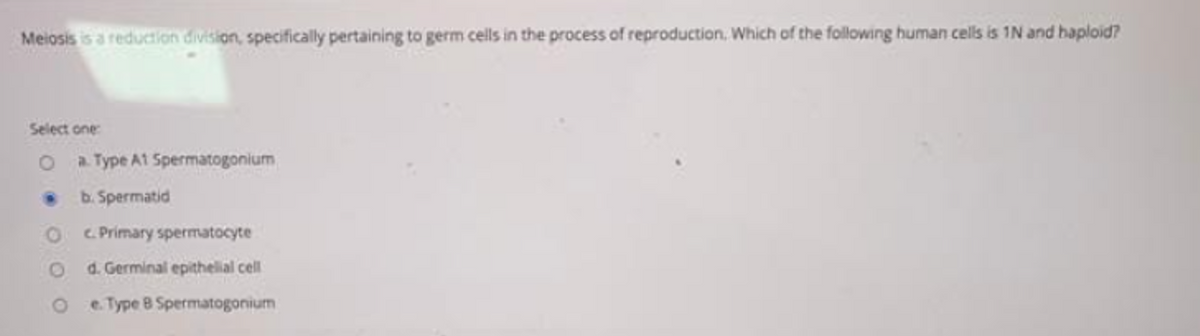 Meiosis is a reduction division, specifically pertaining to germ cells in the process of reproduction, Which of the following human cells is 1N and haploid?
Select one:
O a. Type A1 Spermatogonium
b. Spermatid
c. Primary spermatocyte
d. Germinal epithelial cell
e Type B Spermatogonium
