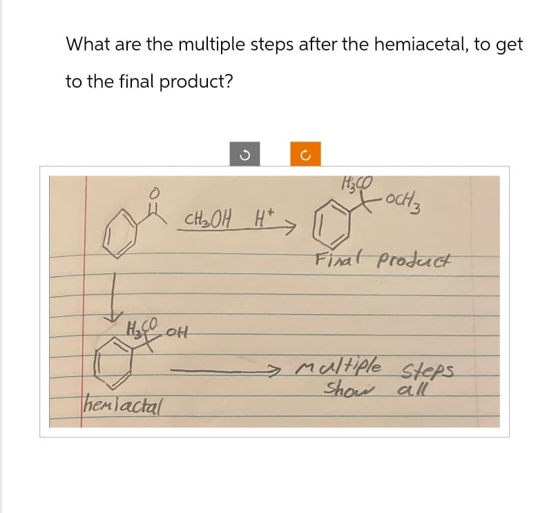 What are the multiple steps after the hemiacetal, to get
to the final product?
HOCH 3
CH₂OH H
Final Product
H₂OOH
애
multiple steps
Show all
hemiactal