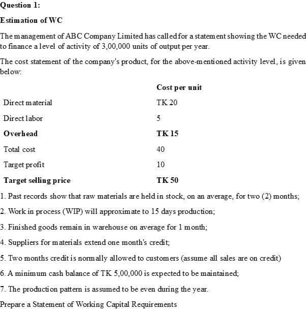 Question 1:
Estimation of WC
The management of ABC Company Limited has called for a statement showing the WC needed
to finance a level of activity of 3,00,000 units of output per year.
The cost statement of the company's product, for the above-mentioned activity level, is given
below:
Cost per unit
TK 20
Direct material
Direct labor
Overhead
Total cost
Target profit
Target selling price
5
TK 15
40
10
TK 50
1. Past records show that raw materials are held in stock, on an average, for two (2) months;
2. Work in process (WIP) will approximate to 15 days production;
3. Finished goods remain in warehouse on average for 1 month;
4. Suppliers for materials extend one month's credit;
5. Two months credit is normally allowed to customers (assume all sales are on credit)
6. A minimum cash balance of TK 5,00,000 is expected to be maintained;
7. The production pattern is assumed to be even during the year.
Prepare a Statement of Working Capital Requirements