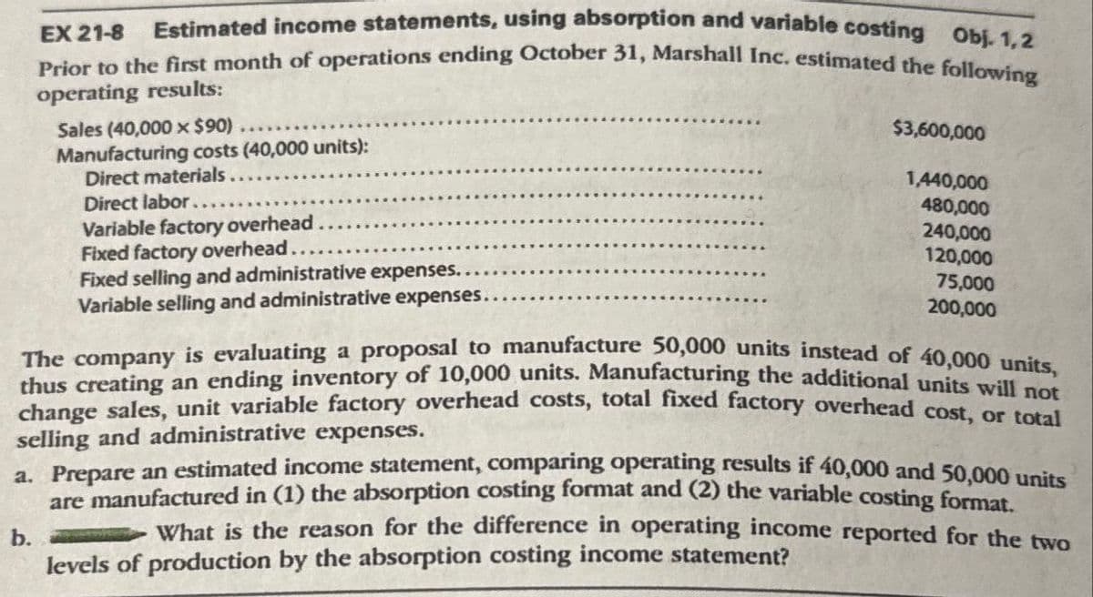 EX 21-8
Estimated income statements, using absorption and variable costing Obj. 1,2
Prior to the first month of operations ending October 31, Marshall Inc. estimated the following
operating results:
Sales (40,000 x $90)
Manufacturing costs (40,000 units):
Direct materials
Direct labor.......
Variable factory overhead.
Fixed factory overhead..
Fixed selling and administrative expenses..
Variable selling and administrative expenses....
$3,600,000
1,440,000
480,000
240,000
120,000
75,000
200,000
The company is evaluating a proposal to manufacture 50,000 units instead of 40,000 units,
thus creating an ending inventory of 10,000 units. Manufacturing the additional units will not
change sales, unit variable factory overhead costs, total fixed factory overhead cost, or total
selling and administrative expenses.
a. Prepare an estimated income statement, comparing operating results if 40,000 and 50,000 units
are manufactured in (1) the absorption costing format and (2) the variable costing format.
What is the reason for the difference in operating income reported for the two
levels of production by the absorption costing income statement?
b.