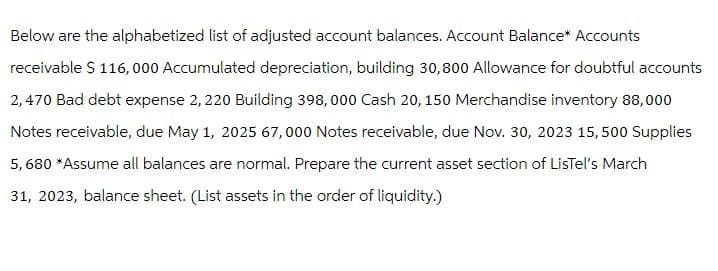Below are the alphabetized list of adjusted account balances. Account Balance* Accounts
receivable $ 116,000 Accumulated depreciation, building 30,800 Allowance for doubtful accounts
2,470 Bad debt expense 2, 220 Building 398,000 Cash 20, 150 Merchandise inventory 88,000
Notes receivable, due May 1, 2025 67,000 Notes receivable, due Nov. 30, 2023 15,500 Supplies
5,680 *Assume all balances are normal. Prepare the current asset section of LisTel's March
31, 2023, balance sheet. (List assets in the order of liquidity.)
