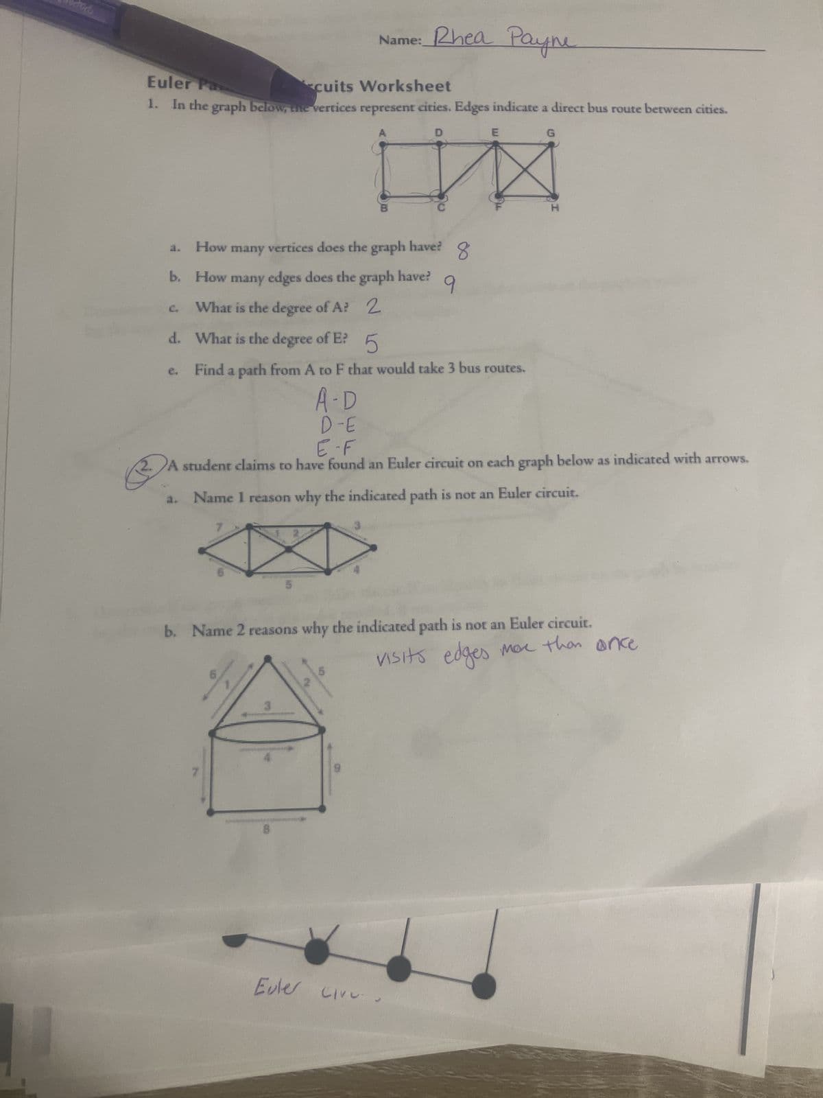 dod
Euler Pa.
Name: Rhea Payne
cuits Worksheet
1. In the graph below, the vertices represent cities. Edges indicate a direct bus route between cities.
D
H
3. How many vertices does the graph have?
b. How many edges does the graph have?
8
9
E
G
b.
C.
What is the degree of A? 2
b
d. What is the degree of E?
Find a path from A to F that would take 3 bus routes.
A-D
D-E
E-F
A student claims to have found an Euler circuit on each graph below as indicated with arrows.
Name 1 reason why the indicated path is not an Euler circuit.
3
5
Name 2 reasons why the indicated path is not an Euler circuit.
5
edges more than once
visits edges
8
2
Euter Liv