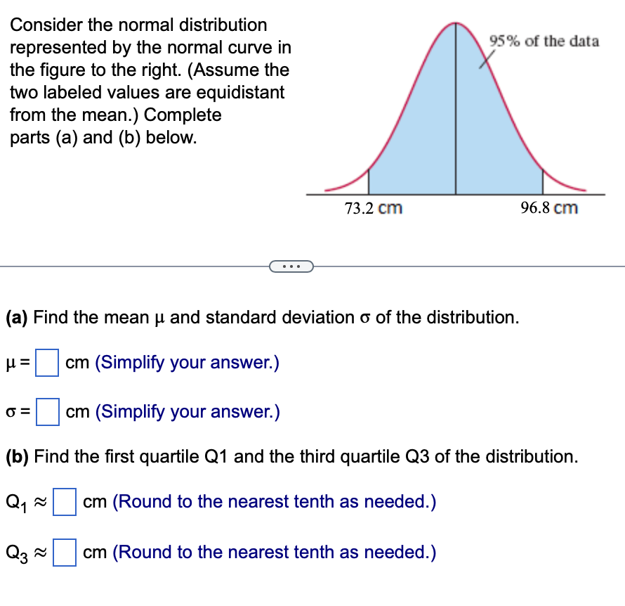 Consider the normal distribution
represented by the normal curve in
the figure to the right. (Assume the
two labeled values are equidistant
from the mean.) Complete
parts (a) and (b) below.
95% of the data
73.2 cm
96.8 cm
(a) Find the mean μ and standard deviation σ of the distribution.
με
cm (Simplify your answer.)
σ =
cm (Simplify your answer.)
(b) Find the first quartile Q1 and the third quartile Q3 of the distribution.
༠ ༤
cm (Round to the nearest tenth as needed.)
Q3≈
cm (Round to the nearest tenth as needed.)