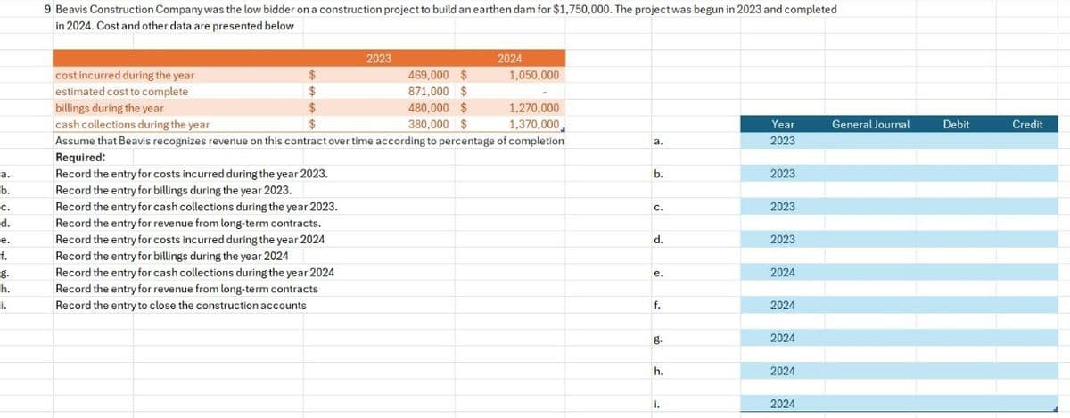 9 Beavis Construction Company was the low bidder on a construction project to build an earthen dam for $1,750,000. The project was begun in 2023 and completed
in 2024. Cost and other data are presented below
2023
2024
cost incurred during the year
469,000 $
1,050,000
estimated cost to complete
871,000 $
billings during the year
480,000 $
1,270,000
cash collections during the year
380,000 $
1,370,000
Year
General Journal
Debit
Credit
Assume that Beavis recognizes revenue on this contract over time according to percentage of completion
Required:
a.
2023
a.
b.
Record the entry for costs incurred during the year 2023.
Record the entry for billings during the year 2023.
b.
2023
c.
d.
e.
f.
g.
Record the entry for cash collections during the year 2023.
Record the entry for revenue from long-term contracts.
Record the entry for costs incurred during the year 2024
Record the entry for billings during the year 2024
Record the entry for cash collections during the year 2024
C.
2023
d.
2023
e.
2024
h.
1.
Record the entry for revenue from long-term contracts
Record the entry to close the construction accounts
f.
2024
g.
2024
h.
2024
1.
2024