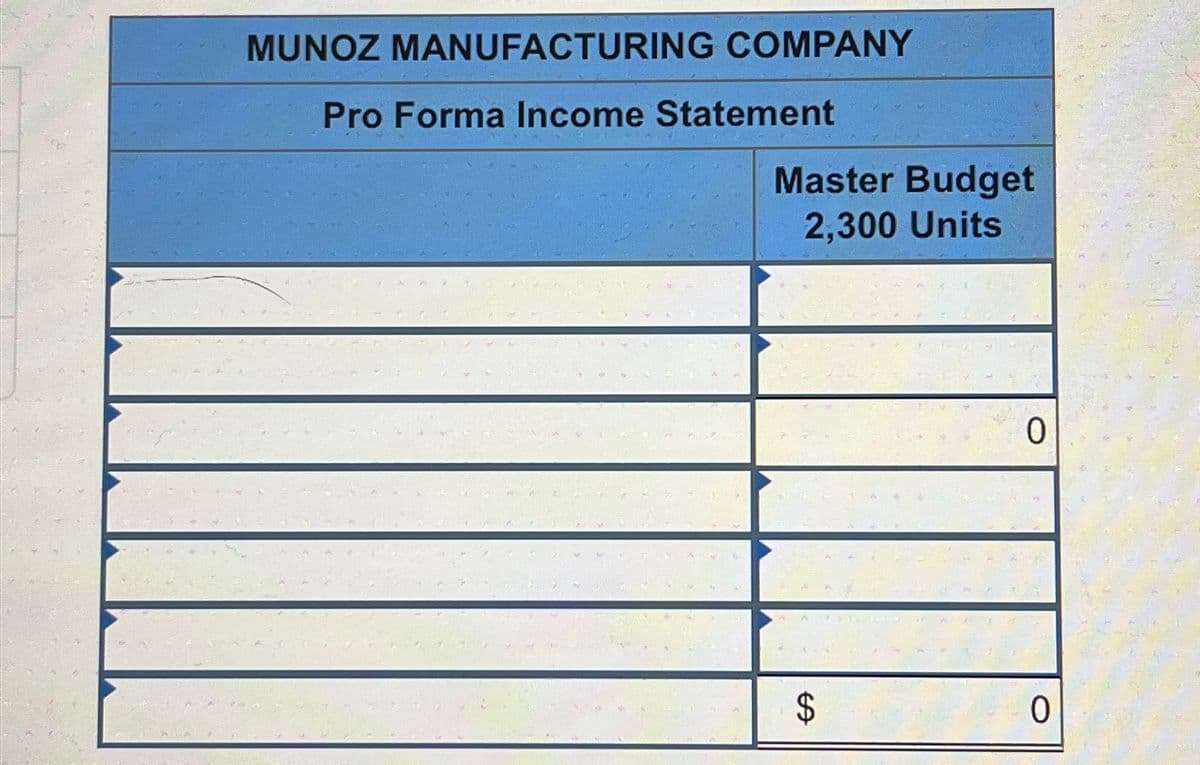 MUNOZ MANUFACTURING COMPANY
Pro Forma Income Statement
Master Budget
2,300 Units
0
$
69
0