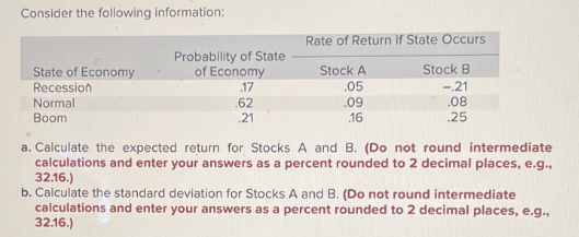Consider the following information:
Rate of Return if State Occurs
State of Economy
Probability of State
of Economy
Stock A
Stock B
Recession
.17
.05
-.21
Normal
Boom
.62
.09
.08
.21
.16
.25
a. Calculate the expected return for Stocks A and B. (Do not round intermediate
calculations and enter your answers as a percent rounded to 2 decimal places, e.g.,
32.16.)
b. Calculate the standard deviation for Stocks A and B. (Do not round intermediate
calculations and enter your answers as a percent rounded to 2 decimal places, e.g.,
32.16.)