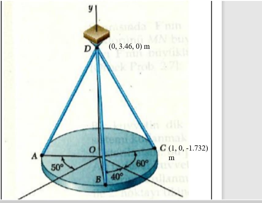 D
50°
0
sinda Fin
in MN buy
(0, 3.46, 0) m
ck Prob. 371
indik
kanmak
C (1, 0, -1.732)
m
60° vvel
B 40°
noktayin