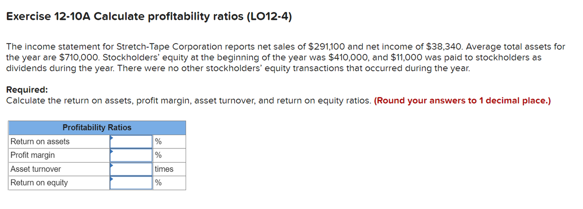 Exercise 12-10A Calculate profitability ratios (LO12-4)
The income statement for Stretch-Tape Corporation reports net sales of $291,100 and net income of $38,340. Average total assets for
the year are $710,000. Stockholders' equity at the beginning of the year was $410,000, and $11,000 was paid to stockholders as
dividends during the year. There were no other stockholders' equity transactions that occurred during the year.
Required:
Calculate the return on assets, profit margin, asset turnover, and return on equity ratios. (Round your answers to 1 decimal place.)
Profitability Ratios
Return on assets
Profit margin
%
%
times
Return on equity
%
Asset turnover