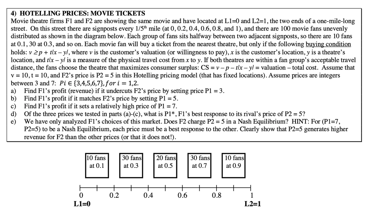 4) HOTELLING PRICES: MOVIE TICKETS
Movie theatre firms F1 and F2 are showing the same movie and have located at L1=0 and L2=1, the two ends of a one-mile-long
street. On this street there are signposts every 1/5th mile (at 0, 0.2, 0.4, 0.6, 0.8, and 1), and there are 100 movie fans unevenly
distributed as shown in the diagram below. Each group of fans sits halfway between two adjacent signposts, so there are 10 fans
at 0.1, 30 at 0.3, and so on. Each movie fan will buy a ticket from the nearest theatre, but only if the following buying condition
holds: v≥p+ tlx – yl, where v is the customer's valuation (or willingness to pay), x is the customer's location, y is a theatre's
location, and t/x – y/ is a measure of the physical travel cost from x to y. If both theatres are within a fan group's acceptable travel
distance, the fans choose the theatre that maximizes consumer surplus: CS = v − p − t|x − y| = valuation - total cost. Assume that
v = 10, t = 10, and F2's price is P2 = 5 in this Hotelling pricing model (that has fixed locations). Assume prices are integers
between 3 and 7: Pi = {3,4,5,6,7}, for i = 1,2.
a)
Find F1's profit (revenue) if it undercuts F2's price by setting price P1 = 3.
b) Find F1's profit if it matches F2's price by setting P1 = 5.
Find F1's profit if it sets a relatively high price of P1 = 7.
-
Of the three prices we tested in parts (a)-(c), what is P1*, F1's best response to its rival's price of P2 = 5?
We have only analyzed F1's choices of this market. Does F2 charge P2 = 5 in a Nash Equilibrium? HINT: For (P1=7,
P2=5) to be a Nash Equilibrium, each price must be a best response to the other. Clearly show that P2=5 generates higher
revenue for F2 than the other prices (or that it does not!).
10 fans
at 0.1
30 fans
at 0.3
20 fans
at 0.5
30 fans
10 fans
at 0.7
at 0.9
0
0.2
0.4
0.6
0.8
8:0
L1=0
1
L2=1