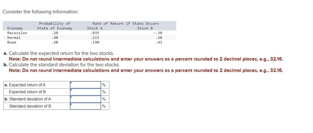 Consider the following information:
Probability of
Rate of Return if State Occurs
Economy
State of Economy
Stock A
Stock B
Recession
.20
.035
-.30
Normal
Boom
.60
.20
.115
.20
.190
.43
a. Calculate the expected return for the two stocks.
Note: Do not round intermediate calculations and enter your answers as a percent rounded to 2 decimal places, e.g., 32.16.
b. Calculate the standard deviation for the two stocks.
Note: Do not round intermediate calculations and enter your answers as a percent rounded to 2 decimal places, e.g., 32.16.
a. Expected return of A
Expected return of B
%
%
b. Standard deviation of A
%
Standard deviation of B
%