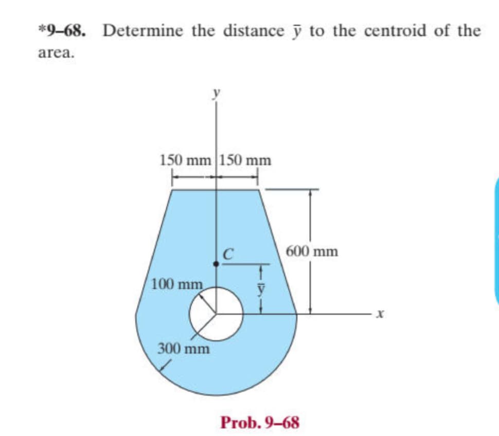*9-68. Determine the distance y to the centroid of the
area.
150 mm 150 mm
C
600 mm
100 mm
300 mm
Prob. 9-68
X