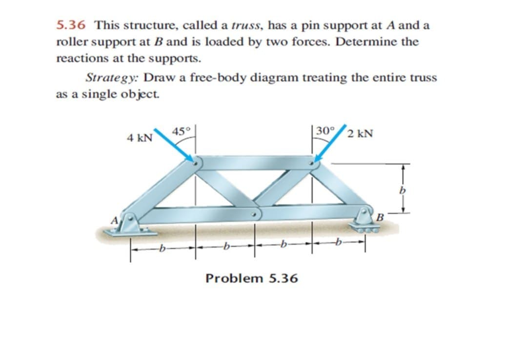 5.36 This structure, called a truss, has a pin support at A and a
roller support at B and is loaded by two forces. Determine the
reactions at the supports.
Strategy: Draw a free-body diagram treating the entire truss
as a single object.
4 kN
45°
Problem 5.36
30°
2 kN