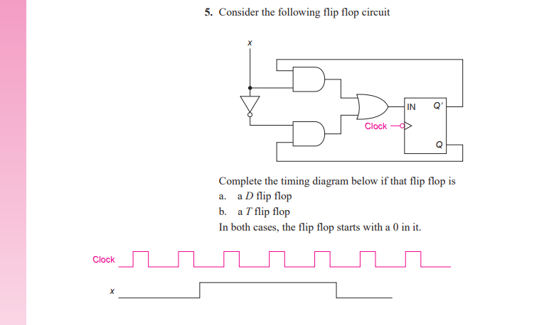 5. Consider the following flip flop circuit
IN
Clock
Q
Complete the timing diagram below if that flip flop is
a. a D flip flop
b. аTfip flop
In both cases, the flip flop starts with a 0 in it.
Clock
