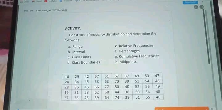 Apps M umail
O rouTube ranlale
tlad
Doc lof s7daerd ACTIVITY (4).decx
ACTIVITY:
Construct a frequency distribution and determine the
following.
a. Range
e. Relative Frequencies
b. Interval
f. Percentages
c. Class Limits
d. Class Boundaries
g. Cumulative Frequencies
h. Midpoints
18
29
42
57
61
67
37
49
53
47
24
34
45
58
63
70
39
51
54
48
28
36
46
66
77
50
40
52
56
49
19
31
58
62
68
44
38
50
54
48
27
36
46
59
64
74
39
51
55
48
mmm
