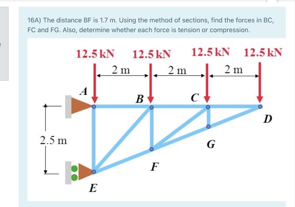 16A) The distance BF is 1.7 m. Using the method of sections, find the forces in BC,
FC and FG. Also, determine whether each force is tension or compression.
12.5 kN
12.5 kN
12.5 kN
12.5 kN
2 m
2 m
2 m
A
В
C
D
2.5 m
G
F
E
