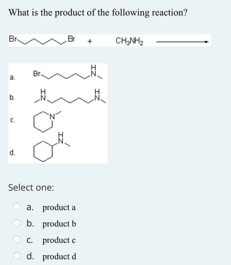 What is the product of the following reaction?
Br
a.
b.
C.
d.
Br.
Select one:
a.
b.
C.
d.
ZI
Br
product a
product b
product c
product d
ZI
CH3NH₂