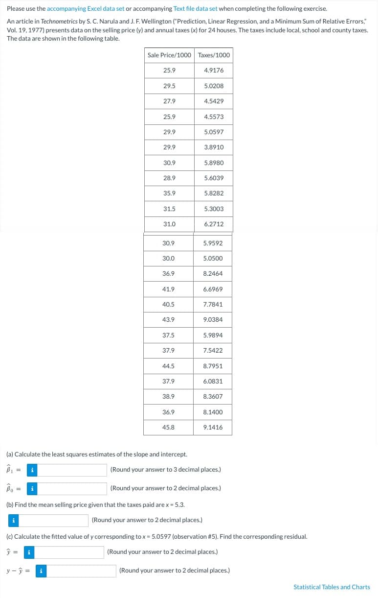 Please use the accompanying Excel data set or accompanying Text file data set when completing the following exercise.
An article in Technometrics by S. C. Narula and J. F. Wellington ("Prediction, Linear Regression, and a Minimum Sum of Relative Errors,"
Vol. 19, 1977) presents data on the selling price (y) and annual taxes (x) for 24 houses. The taxes include local, school and county taxes.
The data are shown in the following table.
i
Sale Price/1000 Taxes/1000
y - y =
25.9
29.5
i
27.9
25.9
29.9
29.9
30.9
28.9
35.9
31.5
31.0
30.9
30.0
36.9
41.9
40.5
43.9
37.5
37.9
44.5
37.9
38.9
(a) Calculate the least squares estimates of the slope and intercept.
B₁
36.9
45.8
Bo= i
(b) Find the mean selling price given that the taxes paid are x = 5.3.
(Round your answer to 2 decimal places.)
4.9176
5.0208
4.5429
4.5573
5.0597
3.8910
5.8980
5.6039
5.8282
5.3003
6.2712
5.9592
5.0500
8.2464
6.6969
7.7841
9.0384
5.9894
7.5422
8.7951
6.0831
8.3607
8.1400
9.1416
(Round your answer to 3 decimal places.)
(c) Calculate the fitted value of y corresponding to x = 5.0597 (observation # 5). Find the corresponding residual.
(Round your answer to 2 decimal places.)
(Round your answer to 2 decimal places.)
(Round your answer to 2 decimal places.)
Statistical Tables and Charts