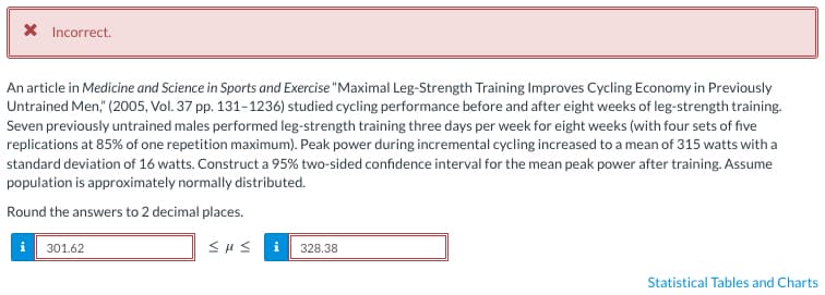 * Incorrect.
An article in Medicine and Science in Sports and Exercise "Maximal Leg-Strength Training Improves Cycling Economy in Previously
Untrained Men," (2005, Vol. 37 pp. 131-1236) studied cycling performance before and after eight weeks of leg-strength training.
Seven previously untrained males performed leg-strength training three days per week for eight weeks (with four sets of five
replications at 85% of one repetition maximum). Peak power during incremental cycling increased to a mean of 315 watts with a
standard deviation of 16 watts. Construct a 95% two-sided confidence interval for the mean peak power after training. Assume
population is approximately normally distributed.
Round the answers to 2 decimal places.
i 301.62
Sus i 328.38
Statistical Tables and Charts