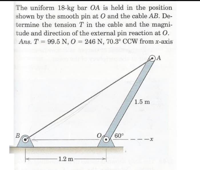 The uniform 18-kg bar OA is held in the position
shown by the smooth pin at O and the cable AB. De-
termine the tension T in the cable and the magni-
tude and direction of the external pin reaction at O.
Ans. T 99.5 N, O = 246 N, 70.3° CCW from x-axis
B
1.2 m
0
60°
1.5 m
A