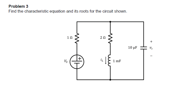 Problem 3
Find the characteristic equation and its roots for the circuit shown.
10
20
10 µF
Vs
1 mF
+ I
