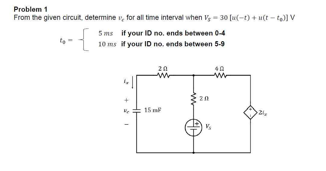 Problem 1
From the given circuit, determine v, for all time interval when Vs = 30 [u(-t) + u(t – to)] V
5 ms
if your ID no. ends between 0-4
to =
10 ms if your ID no. ends between 5-9
2Ω
ix
2Ω
15 mF
Zix
Vs
