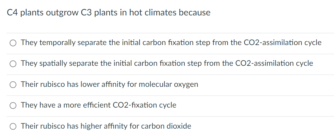 C4 plants outgrow C3 plants in hot climates because
They temporally separate the initial carbon fixation step from the CO2-assimilation cycle
O They spatially separate the initial carbon fixation step from the CO2-assimilation cycle
Their rubisco has lower affinity for molecular oxygen
O They have a more efficient CO2-fixation cycle
Their rubisco has higher affinity for carbon dioxide